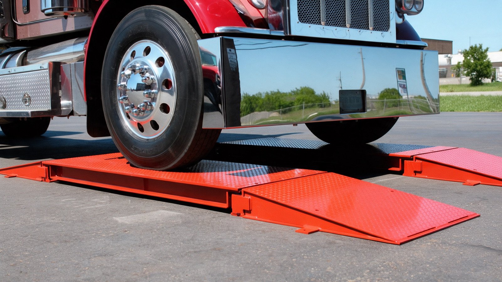 Báscula camionera portátil con plataformas bajo las ruedas de un camión