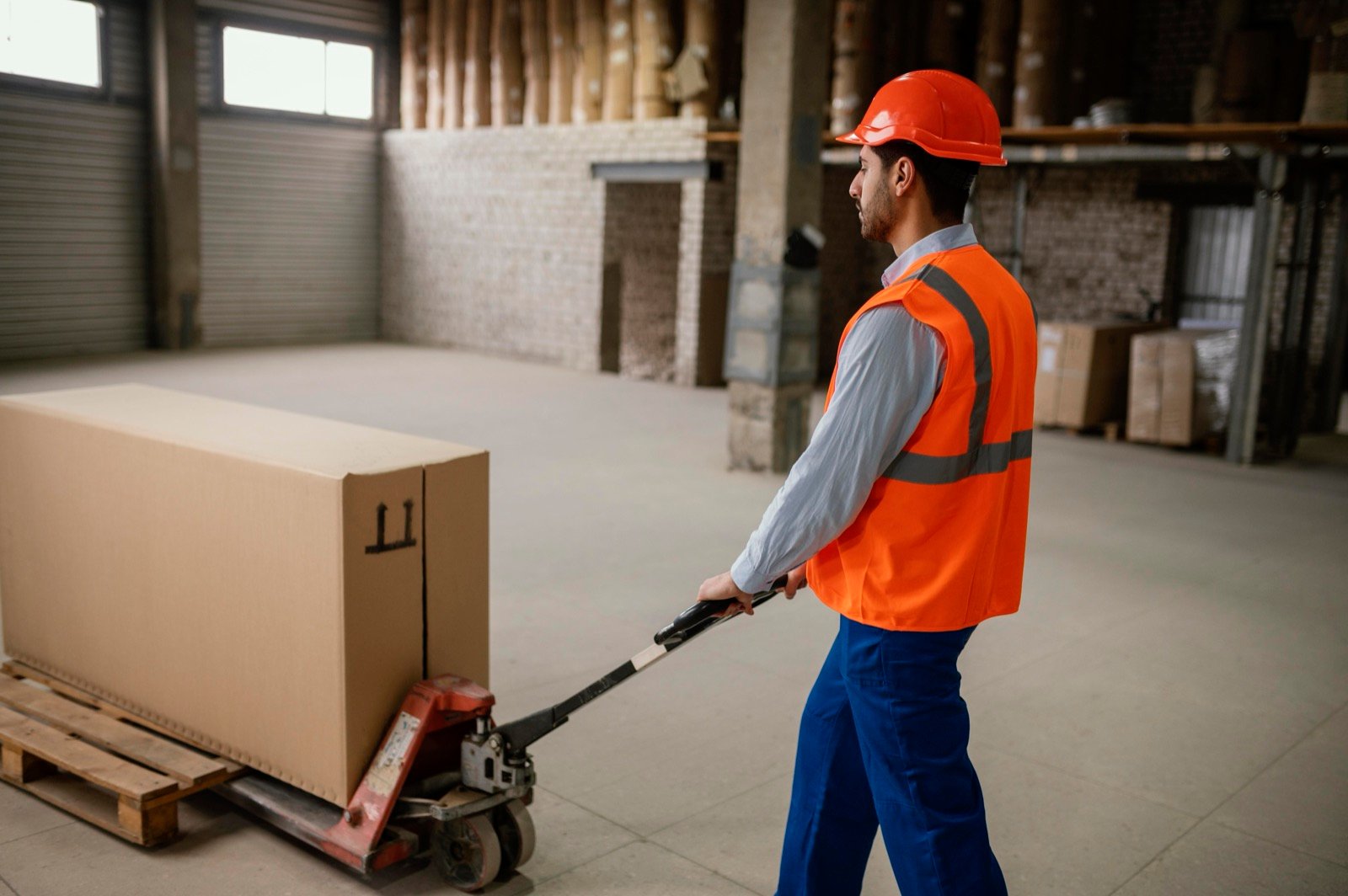 ¿Estibador manual o eléctrico? Cómo elegir el adecuado para tu bodega 1 Operario moviendo un pallet con un estibador manual en una bodega